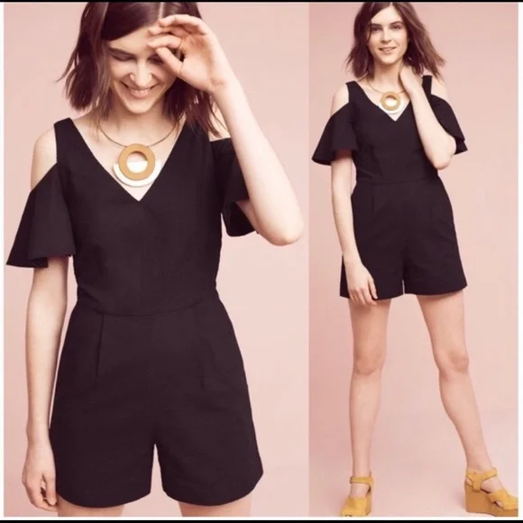 Anthropologie Elevenses Black Cold Shoulder Romper - Picture 2 of 8